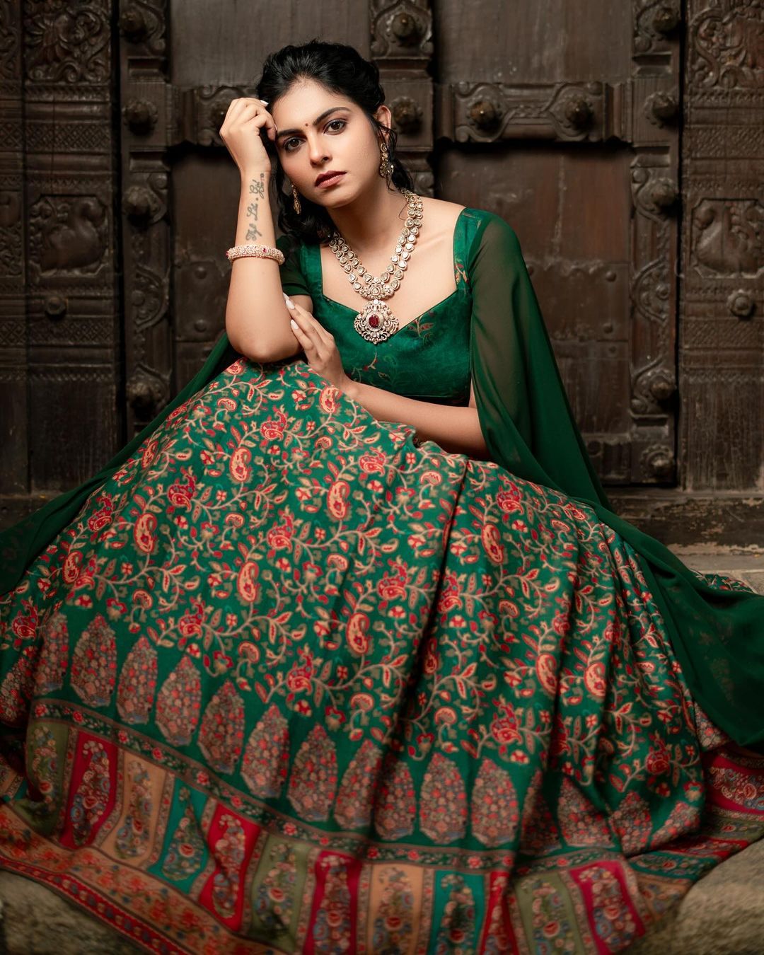 Tollywood Actress Mounika Reddy Stills in Green Lehenga Choli